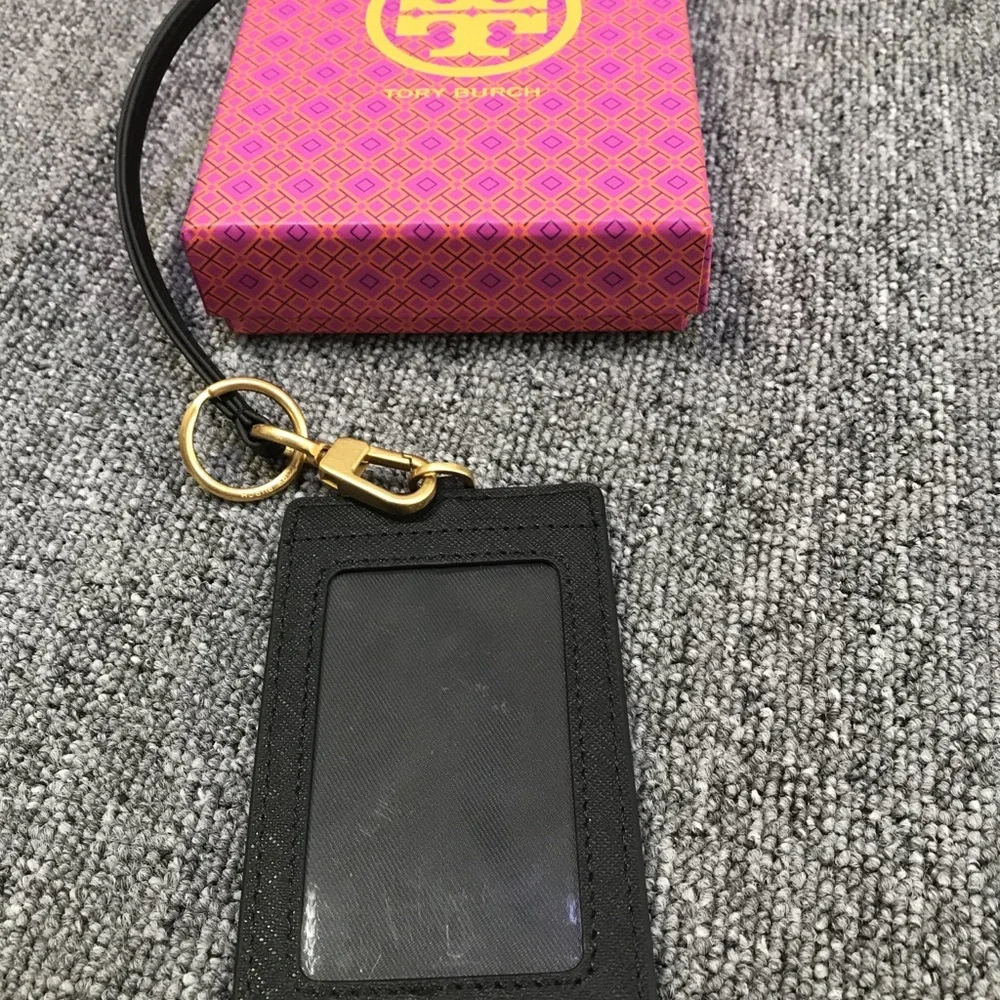 Tory Burch Black and Gold Card Holder with Lanyard